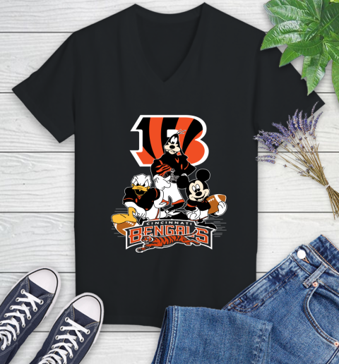 NFL Cincinnati Bengals Mickey Mouse Donald Duck Goofy Football Shirt Women's V-Neck T-Shirt