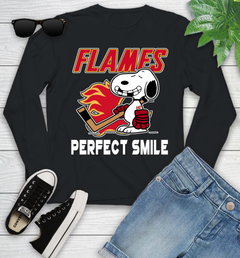 NHL Calgary Flames Snoopy Perfect Smile The Peanuts Movie Hockey T Shirt Youth Long Sleeve