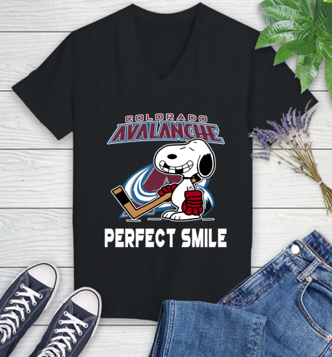 NHL Colorado Avalanche Snoopy Perfect Smile The Peanuts Movie Hockey T Shirt Women's V-Neck T-Shirt