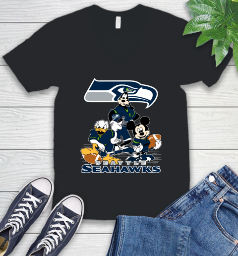 NFL Seattle Seahawks Mickey Mouse Donald Duck Goofy Football Shirt V-Neck T-Shirt