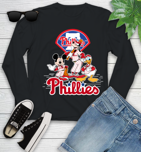 MLB Philadelphia Phillies Mickey Mouse Donald Duck Goofy Baseball T Shirt Youth Long Sleeve