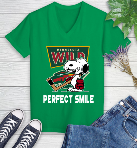 NHL Minnesota Wild Snoopy Perfect Smile The Peanuts Movie Hockey T Shirt Women's V-Neck T-Shirt 5