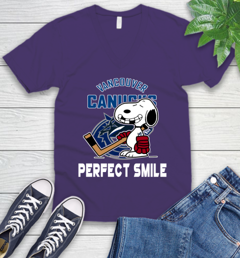 NHL Vancouver Canucks Snoopy Perfect Smile The Peanuts Movie Hockey T Shirt V-Neck T-Shirt 9