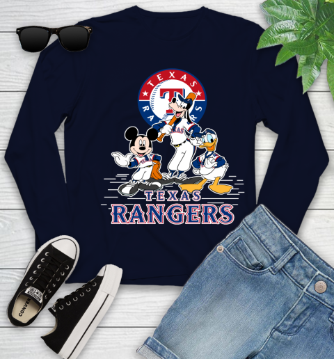 MLB Texas Rangers Mickey Mouse Donald Duck Goofy Baseball T Shirt Youth Long Sleeve 2