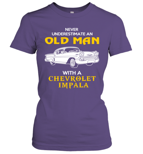 Old Man With Chevrolet Impala Gift Never Underestimate Old Man Grandpa Father Husband Who Love or Own Vintage Car Women Tee