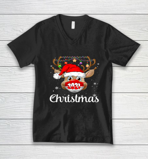Christmas 2021 Mask Rudolph Reindeer Matching Family V-Neck T-Shirt