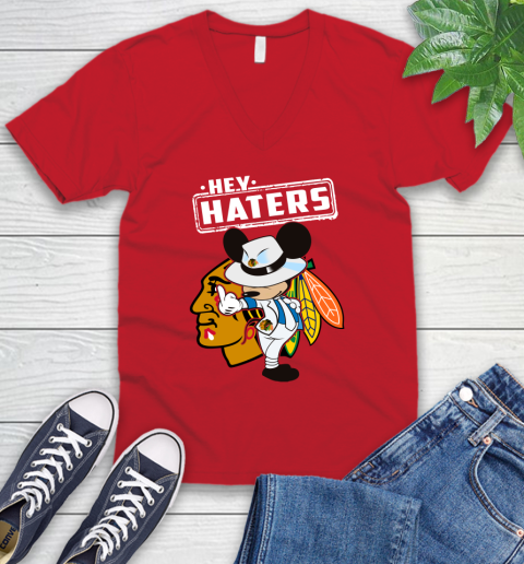 NHL Hey Haters Mickey Hockey Sports Chicago Blackhawks V-Neck T-Shirt 6