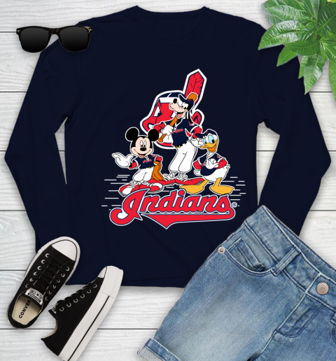 MLB Cleveland Indians Mickey Mouse Donald Duck Goofy Baseball T Shirt Youth Long Sleeve 2