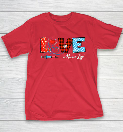 Love Nurselife Valentine Nurse Leopard Print Plaid Heart Youth T-Shirt 8