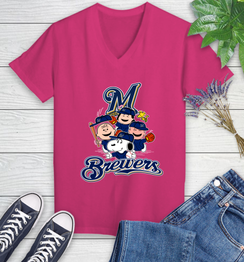 MLB Milwaukee Brewers Snoopy Charlie Brown Woodstock The Peanuts Movie Baseball T Shirt_000 Women's V-Neck T-Shirt 9