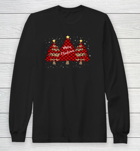 Merry Christmas Tree Leopard and Buffalo Plaid Xmas Tree Long Sleeve T-Shirt