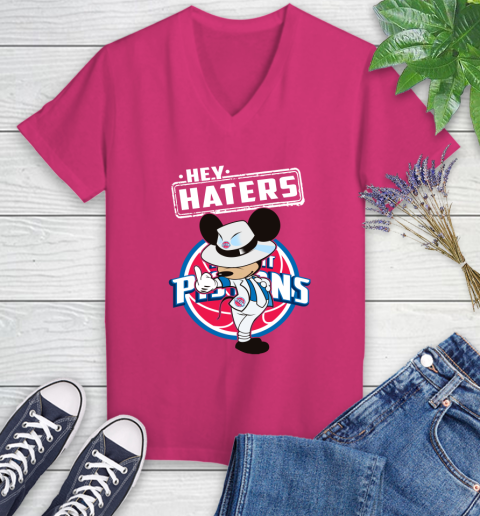 NBA Hey Haters Mickey Basketball Sports Detroit Pistons Women's V-Neck T-Shirt 9
