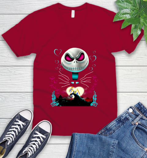 MLB Miami Marlins Jack Skellington Sally The Nightmare Before Christmas Baseball V-Neck T-Shirt 7