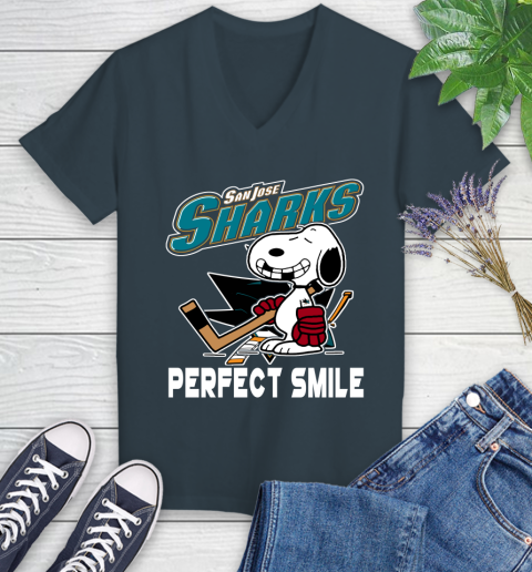 NHL San Jose Sharks Snoopy Perfect Smile The Peanuts Movie Hockey T Shirt Women's V-Neck T-Shirt 8