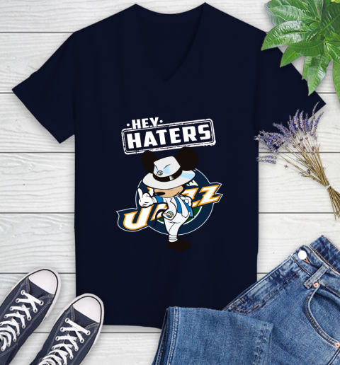 NBA Hey Haters Mickey Basketball Sports Utah Jazz Women's V-Neck T-Shirt 2