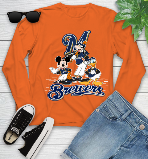 MLB Milwaukee Brewers Mickey Mouse Donald Duck Goofy Baseball T Shirt Youth Long Sleeve 3