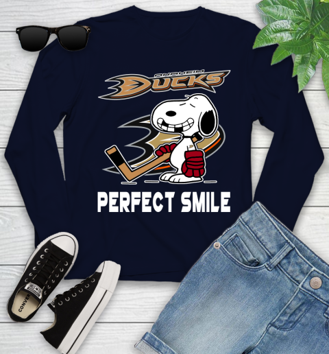 NHL Anaheim Ducks Snoopy Perfect Smile The Peanuts Movie Hockey T Shirt Youth Long Sleeve 2