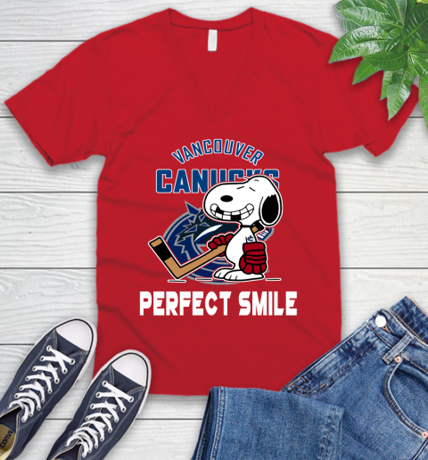 NHL Vancouver Canucks Snoopy Perfect Smile The Peanuts Movie Hockey T Shirt V-Neck T-Shirt 6