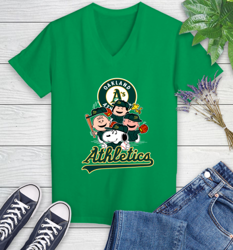 MLB Oakland Athletics Snoopy Charlie Brown Woodstock The Peanuts Movie Baseball T Shirt_000 Women's V-Neck T-Shirt 5