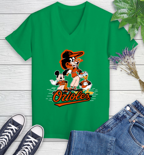 MLB Baltimore Orioles Mickey Mouse Donald Duck Goofy Baseball T Shirt Women's V-Neck T-Shirt 5