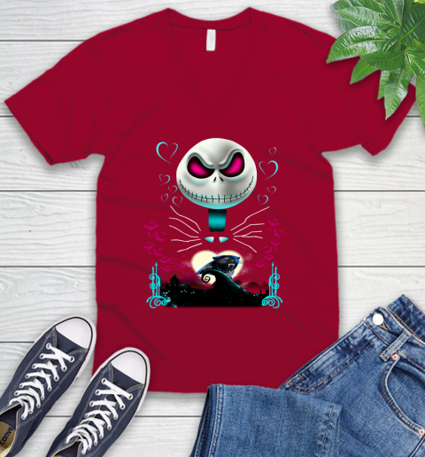 NFL Carolina Panthers Jack Skellington Sally The Nightmare Before Christmas Football V-Neck T-Shirt 7