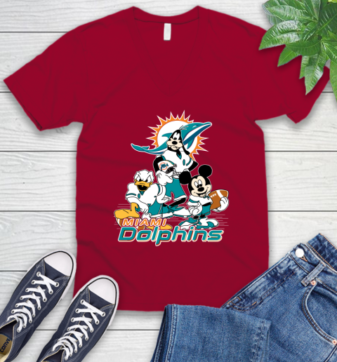 NFL Miami Dolphins Mickey Mouse Donald Duck Goofy Football Shirt V-Neck T-Shirt 7