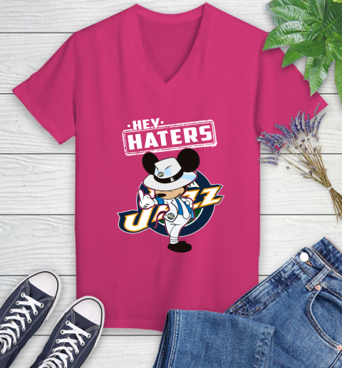 NBA Hey Haters Mickey Basketball Sports Utah Jazz Women's V-Neck T-Shirt 9
