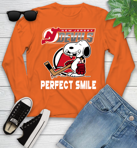 NHL New Jersey Devils Snoopy Perfect Smile The Peanuts Movie Hockey T Shirt Youth Long Sleeve 3