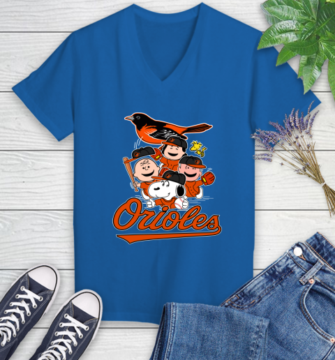 MLB Baltimore Orioles Snoopy Charlie Brown Woodstock The Peanuts Movie Baseball T Shirt_000 Women's V-Neck T-Shirt 10