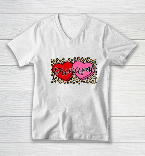 Leopard Candy Heart Principal Valentine Day Principal V Day V-Neck T-Shirt