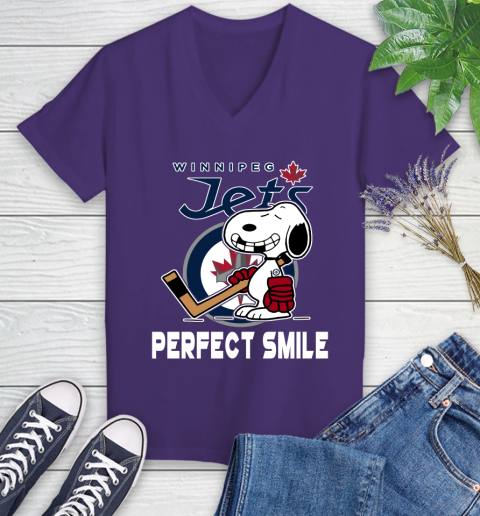 NHL Winnipeg Jets Snoopy Perfect Smile The Peanuts Movie Hockey T Shirt Women's V-Neck T-Shirt 3