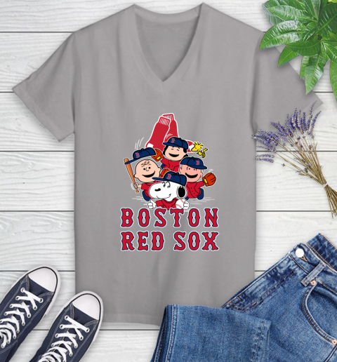 MLB Boston Red Sox Snoopy Charlie Brown Woodstock The Peanuts Movie Baseball T Shirt Women's V-Neck T-Shirt 4