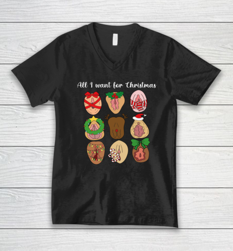 All I Want For Christmas Is Pussy Ugly Christmas Funny Naughty Santa V-Neck T-Shirt