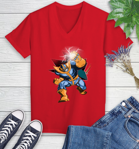 San Jose Sharks NHL Hockey Thanos Avengers Infinity War Marvel Women's V-Neck T-Shirt 11