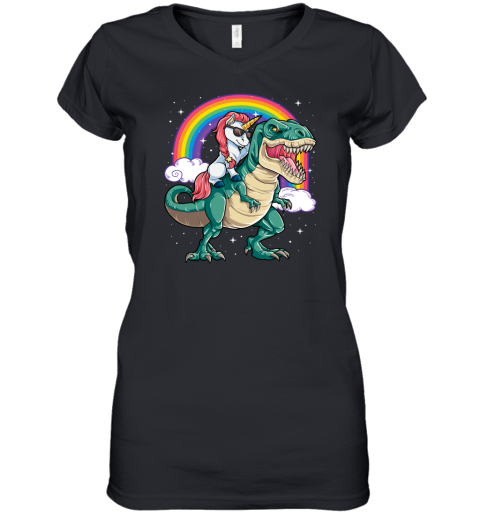 Unicorn Riding Dinosaur T rex Funny Men Women Rainbow Gifts Womens V-Neck T-Shirt