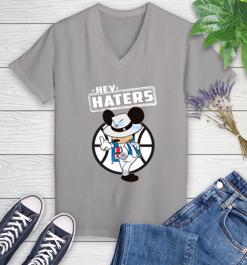 NBA Hey Haters Mickey Basketball Sports Los Angeles Clippers Women's V-Neck T-Shirt 4