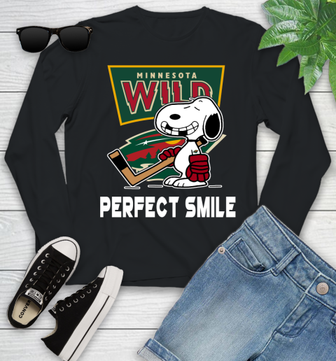NHL Minnesota Wild Snoopy Perfect Smile The Peanuts Movie Hockey T Shirt Youth Long Sleeve