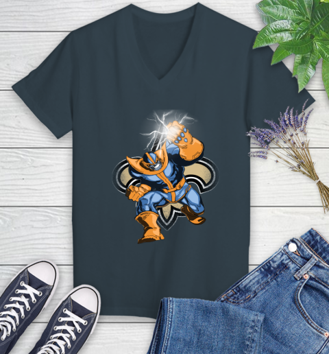 New Orleans Saints NFL Football Thanos Avengers Infinity War Marvel Women's V-Neck T-Shirt 8