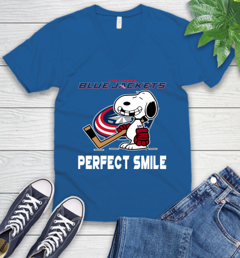 NHL Columbus Blue Jackets Snoopy Perfect Smile The Peanuts Movie Hockey T Shirt V-Neck T-Shirt 5