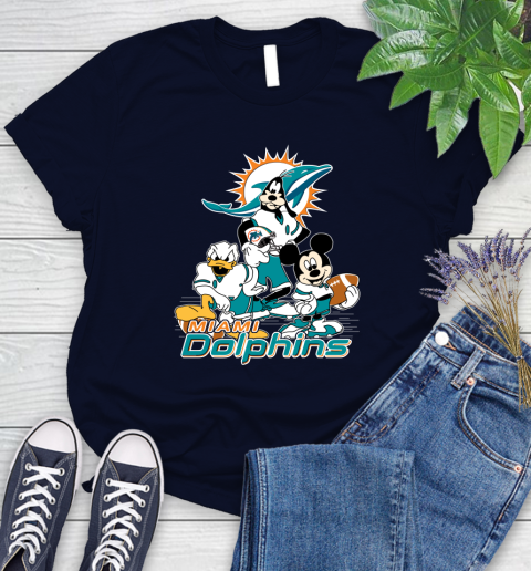 NFL Miami Dolphins Mickey Mouse Donald Duck Goofy Football Shirt Women's T-Shirt 2