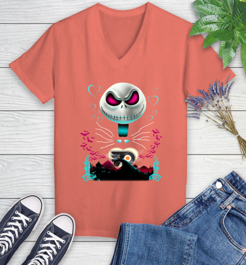 NHL Philadelphia Flyers Jack Skellington Sally The Nightmare Before Christmas Hockey Women's V-Neck T-Shirt 6