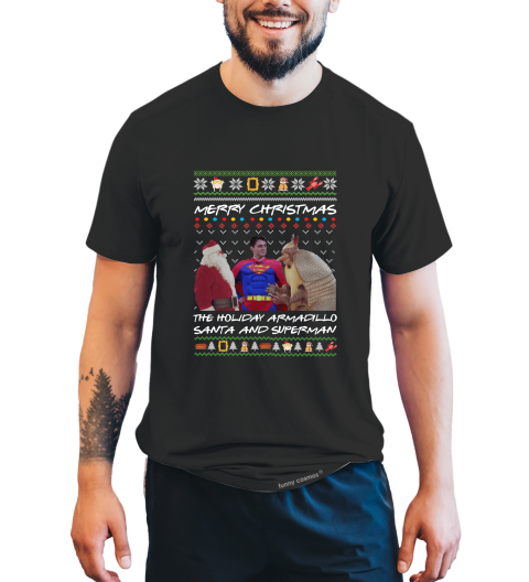 Friends TV Show Ugly Sweater Shirt, Ross Joey T Shirt, Merry Christmas The Holiday Armadillo Santa And Superman Tshirt, Christmas Gifts