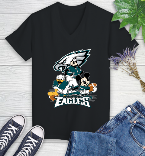 NFL Philadelphia Eagles Mickey Mouse Donald Duck Goofy Football Shirt Women's V-Neck T-Shirt