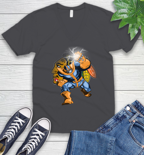 Chicago Blackhawks NHL Hockey Thanos Avengers Infinity War Marvel V-Neck T-Shirt 4