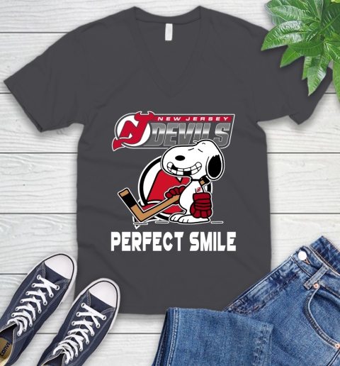NHL New Jersey Devils Snoopy Perfect Smile The Peanuts Movie Hockey T Shirt V-Neck T-Shirt 4