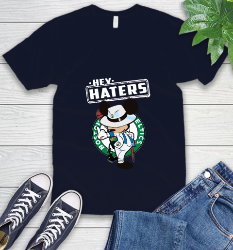 NBA Hey Haters Mickey Basketball Sports Boston Celtics V-Neck T-Shirt 2