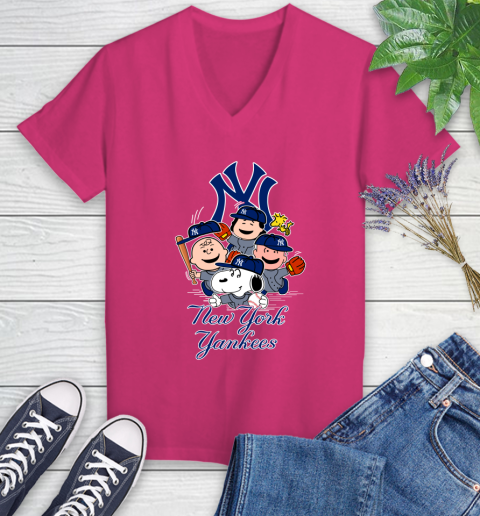 MLB New York Yankees Snoopy Charlie Brown Woodstock The Peanuts Movie Baseball T Shirt_000 Women's V-Neck T-Shirt 9