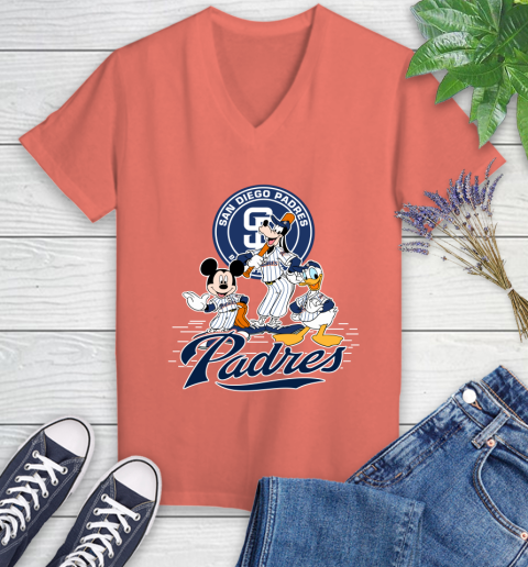 MLB San Diego Padres Mickey Mouse Donald Duck Goofy Baseball T Shirt Women's V-Neck T-Shirt 6