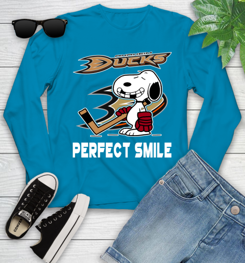 NHL Anaheim Ducks Snoopy Perfect Smile The Peanuts Movie Hockey T Shirt Youth Long Sleeve 8