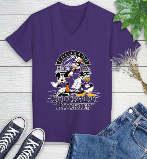 MLB Colorado Rockies Mickey Mouse Donald Duck Goofy Baseball T Shirt Women's V-Neck T-Shirt 3